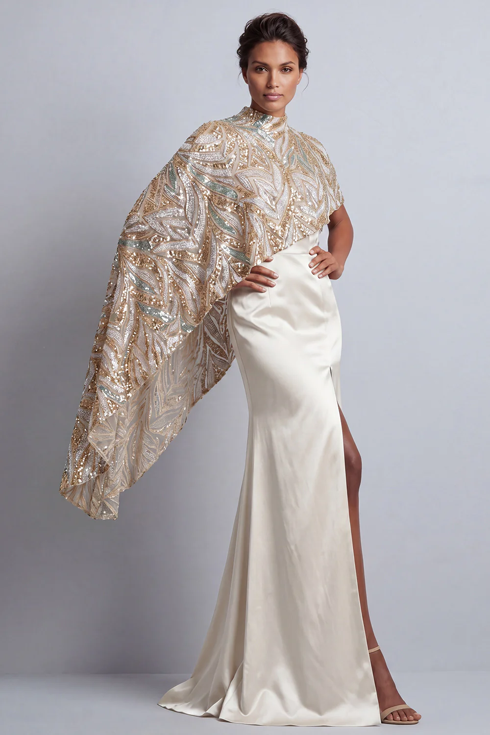 Champagne Mermaid Sequins Side Slit Mother of the Bride Dress with Detachable Cape - Image 9