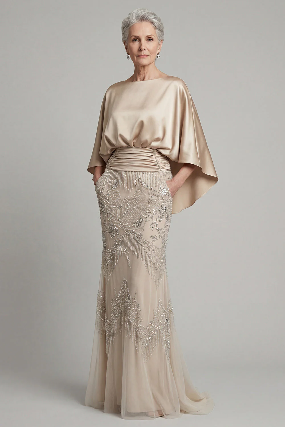 Champagne Mermaid Sequin Long Mother Of Bride Dress with Pockets