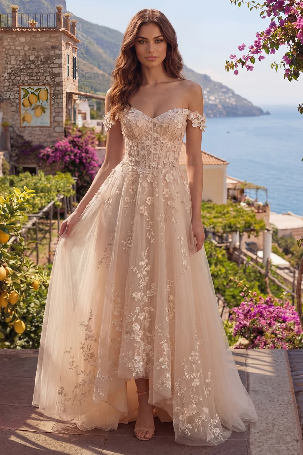 Champagne Off The Shoulder A Line Corset Long Prom Dress with 3D Flowers