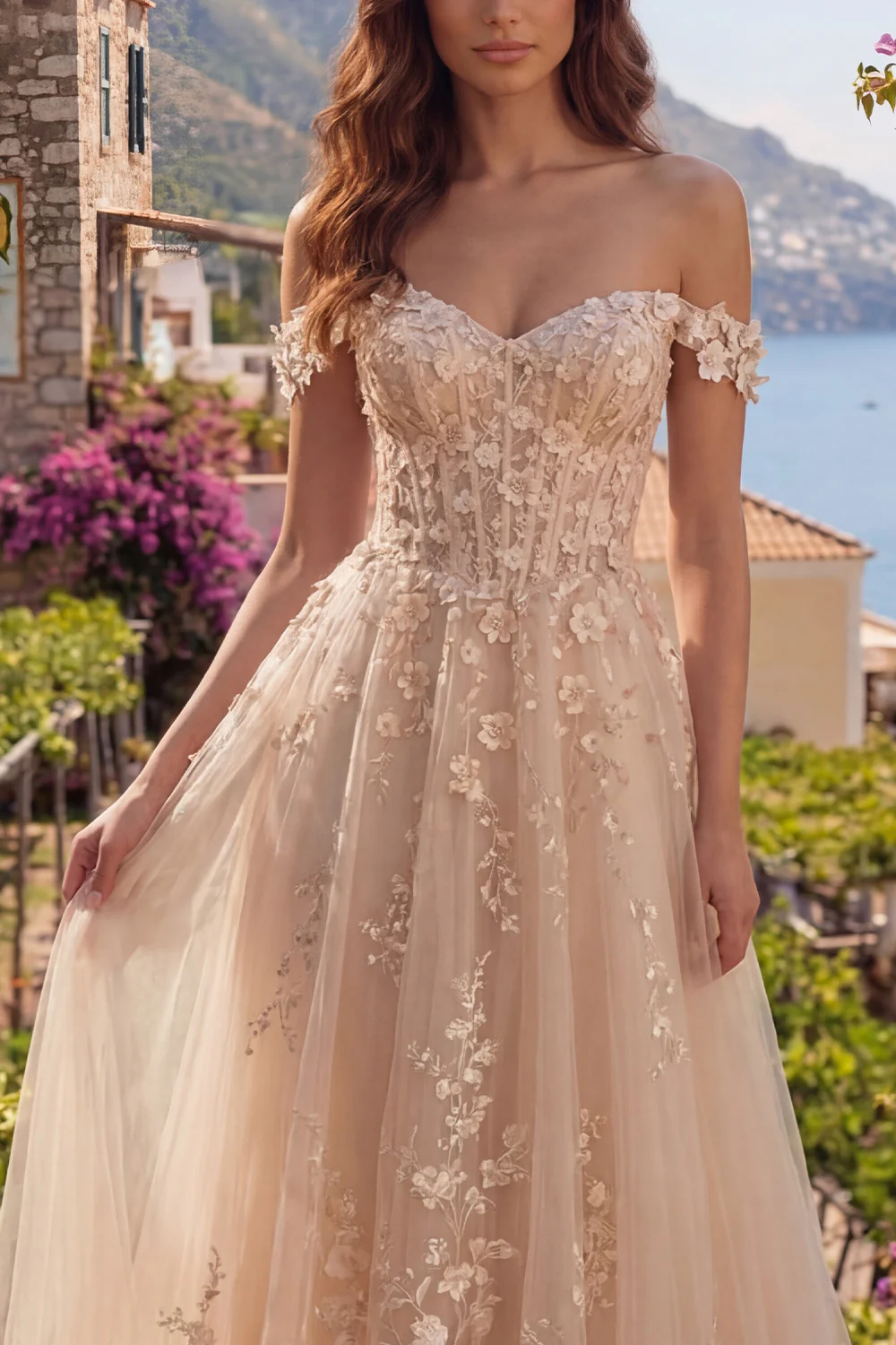 Champagne Off The Shoulder A Line Corset Long Prom Dress with 3D Flowers - Image 3