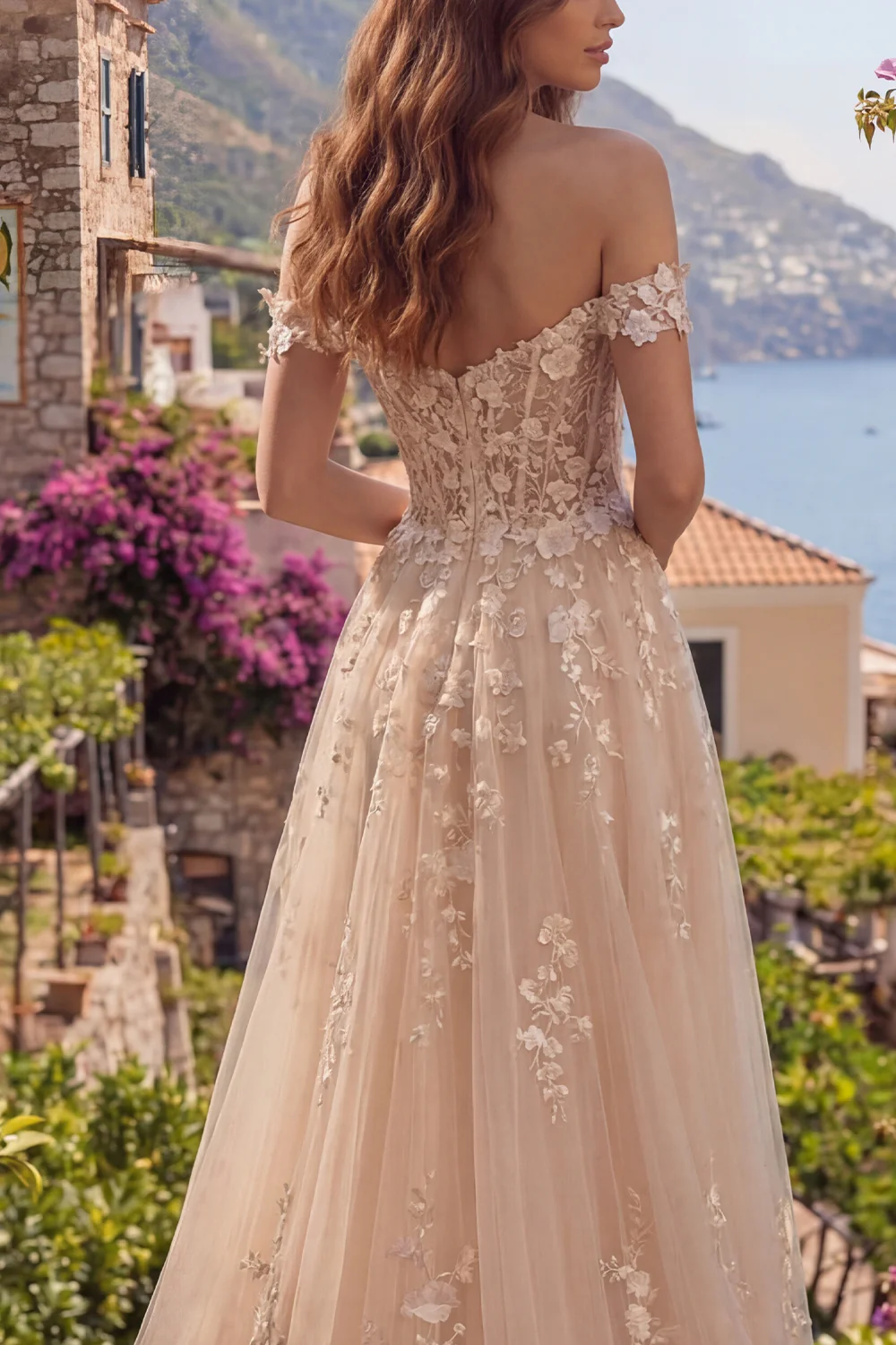 Champagne Off The Shoulder A Line Corset Long Prom Dress with 3D Flowers - Image 4