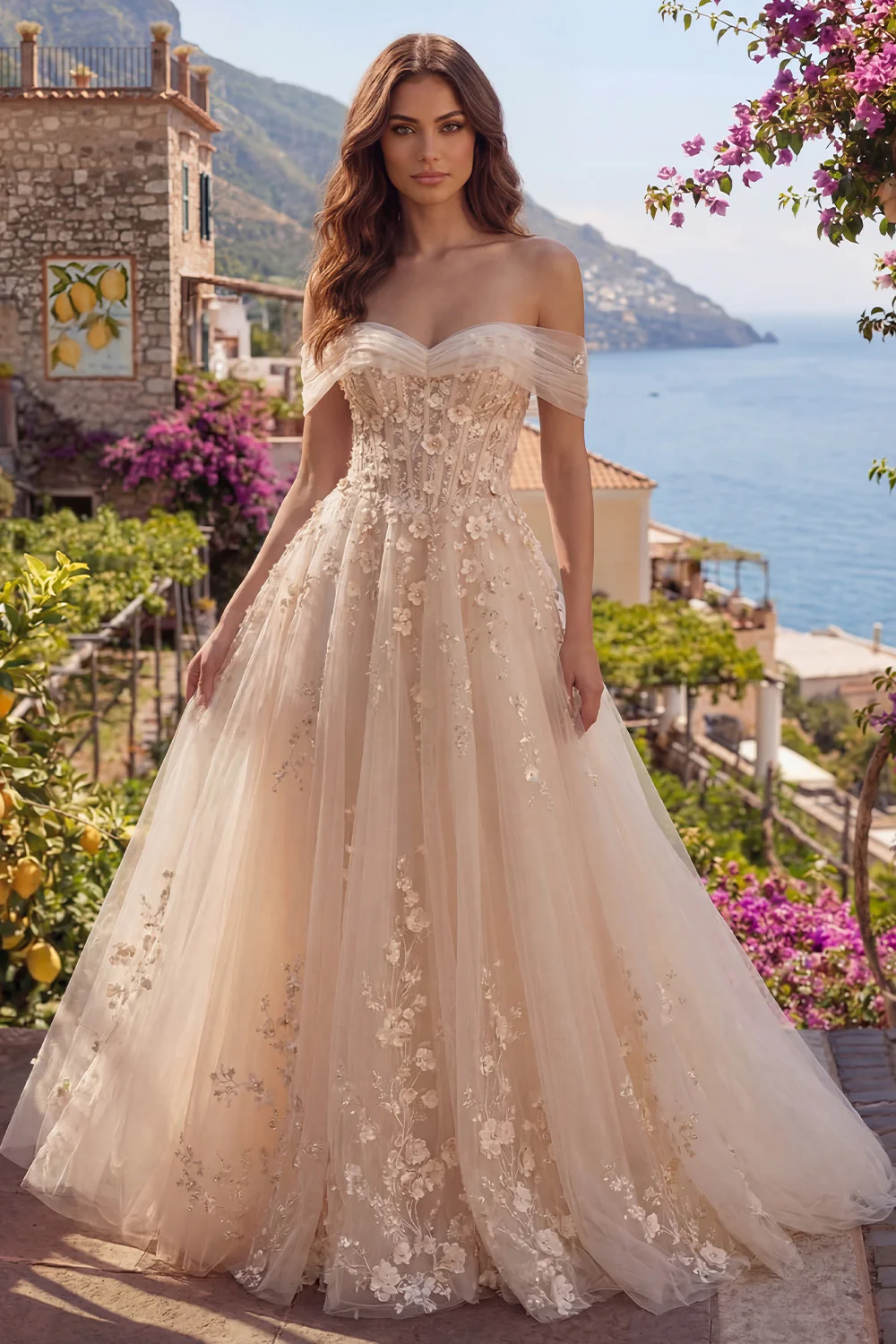 Champagne Off The Shoulder Corset A Line Long Prom Dress with 3D Flowers