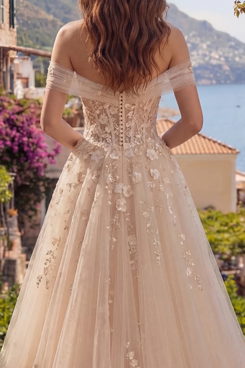 Champagne Off The Shoulder Corset A Line Long Prom Dress with 3D Flowers - Image 3