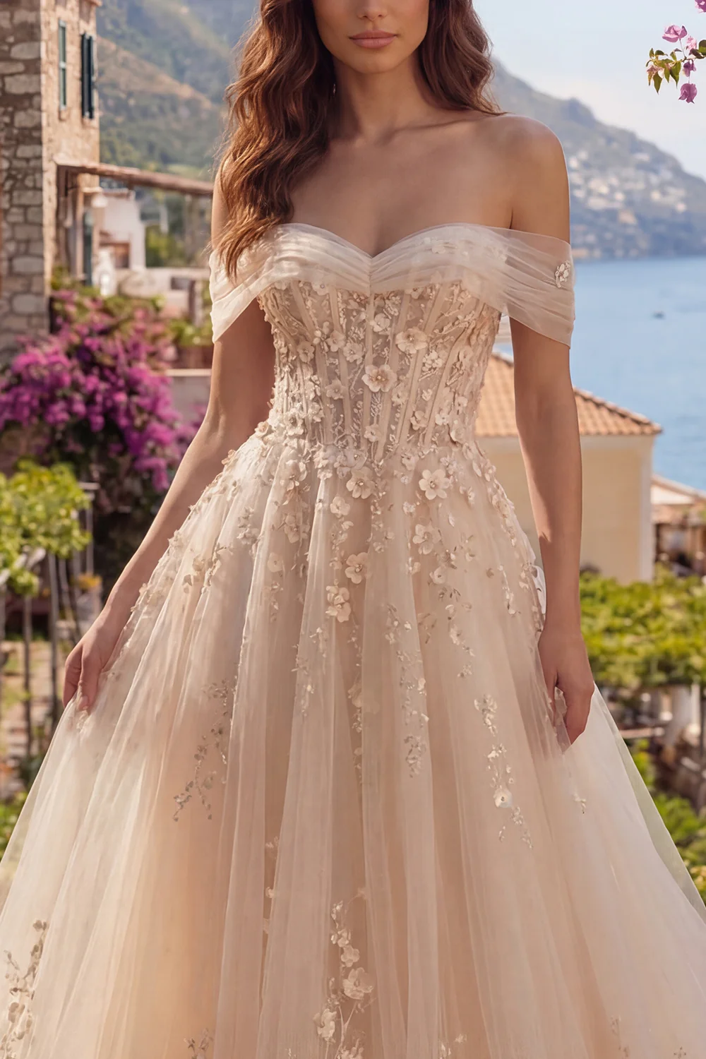 Champagne Off The Shoulder Corset A Line Long Prom Dress with 3D Flowers - Image 4