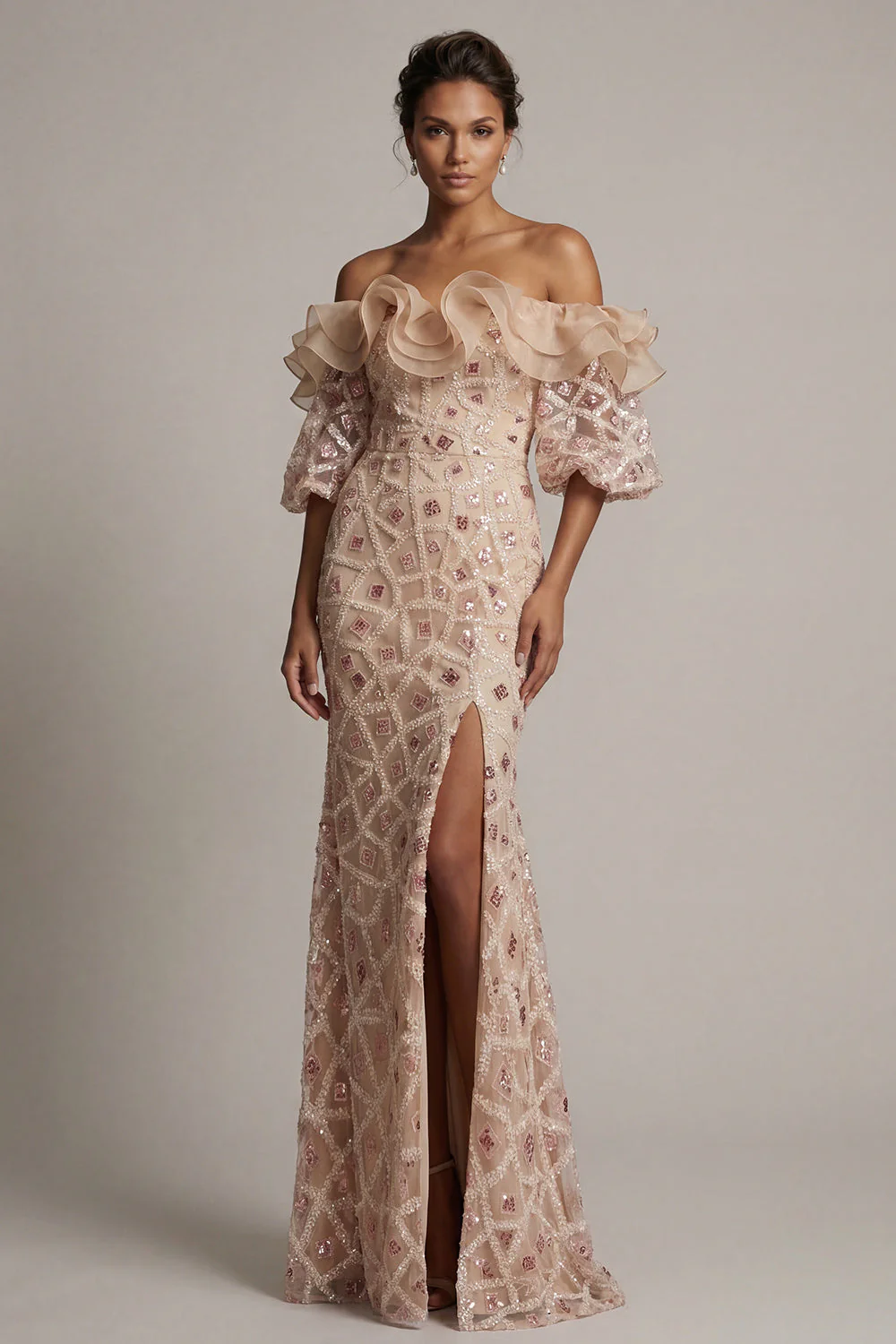 Champagne Off the Shoulder Mermaid Sequin Long Mother Of the Bride Dress with Slit