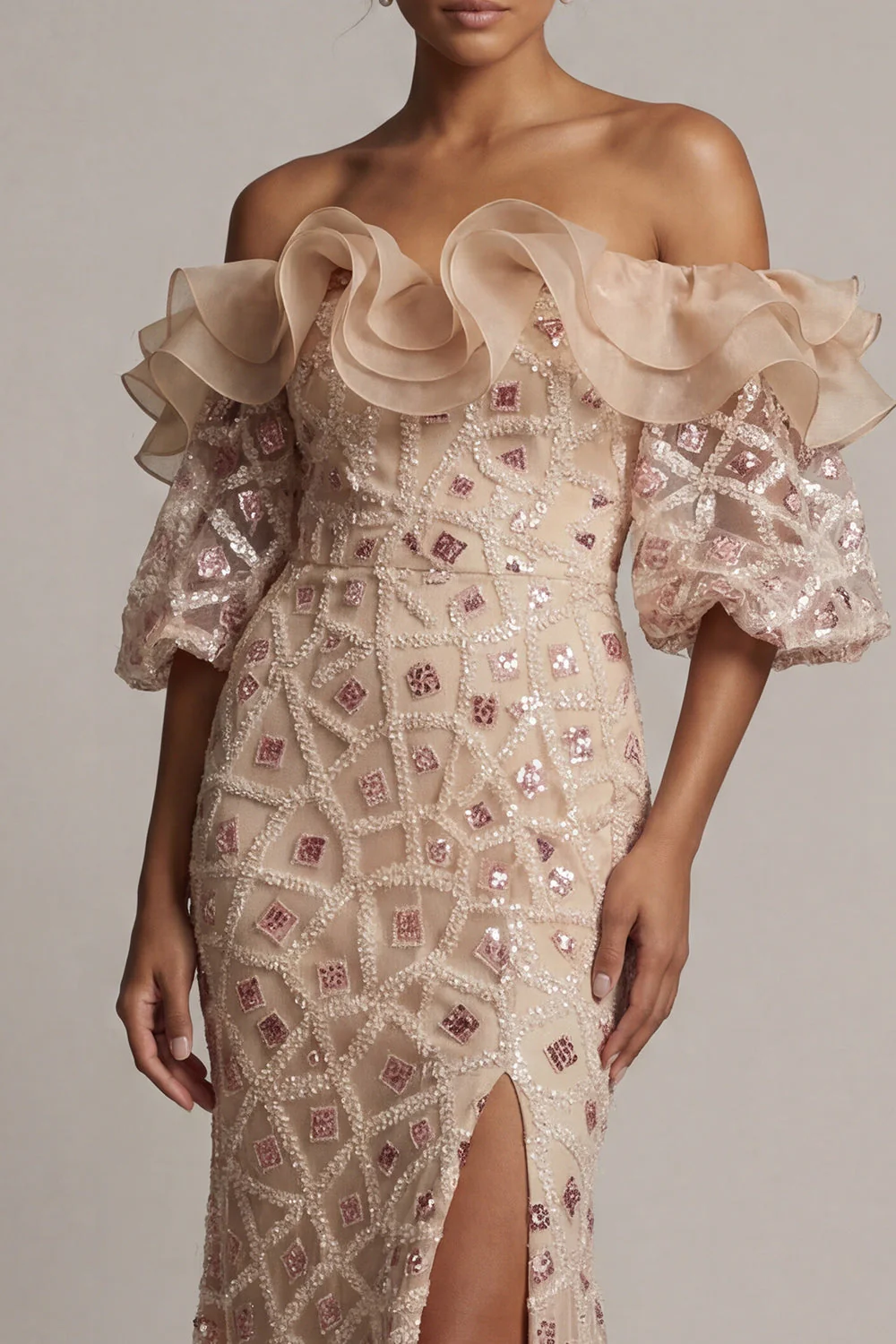 Champagne Off the Shoulder Mermaid Sequin Long Mother Of the Bride Dress with Slit - Image 4