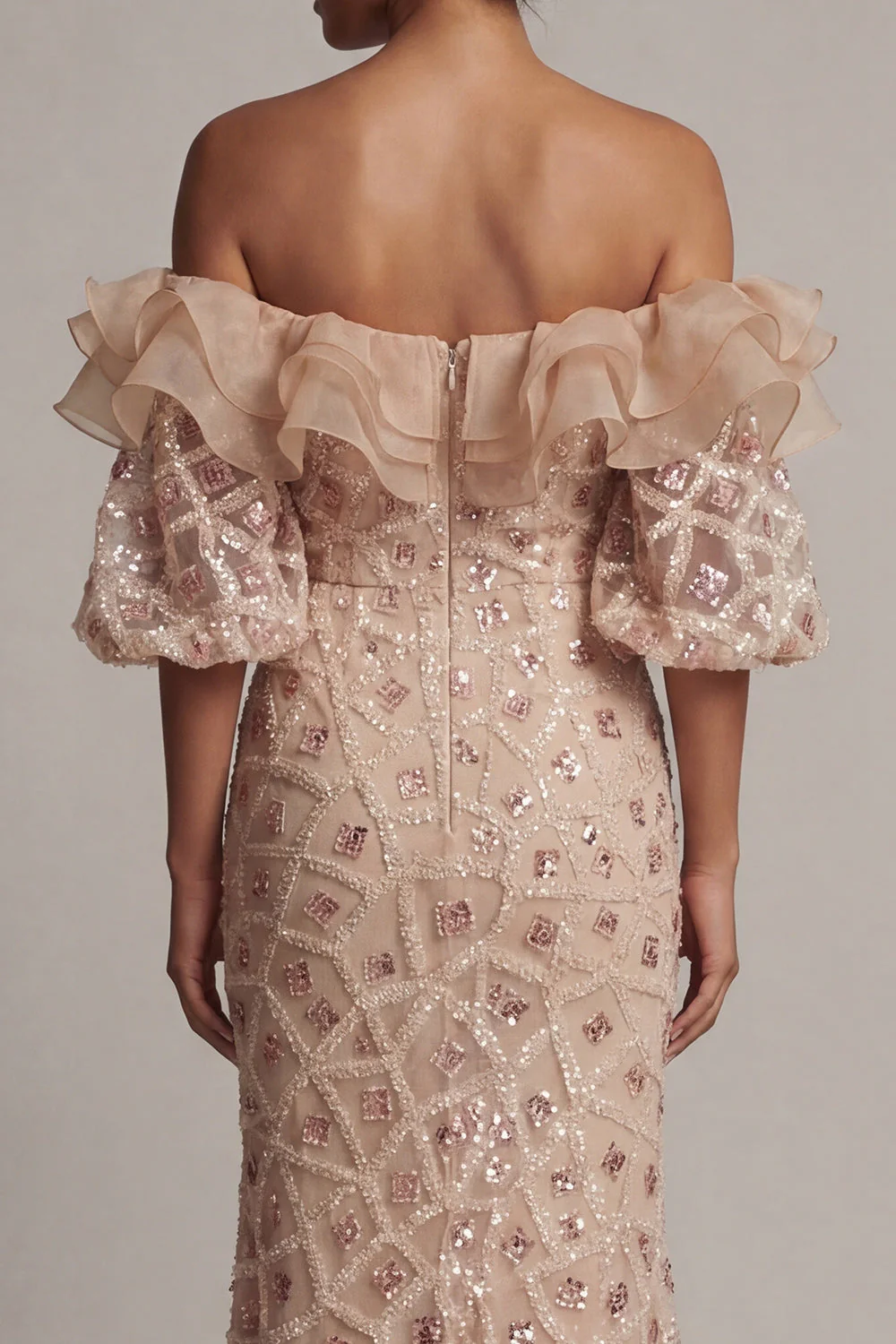 Champagne Off the Shoulder Mermaid Sequin Long Mother Of the Bride Dress with Slit - Image 5