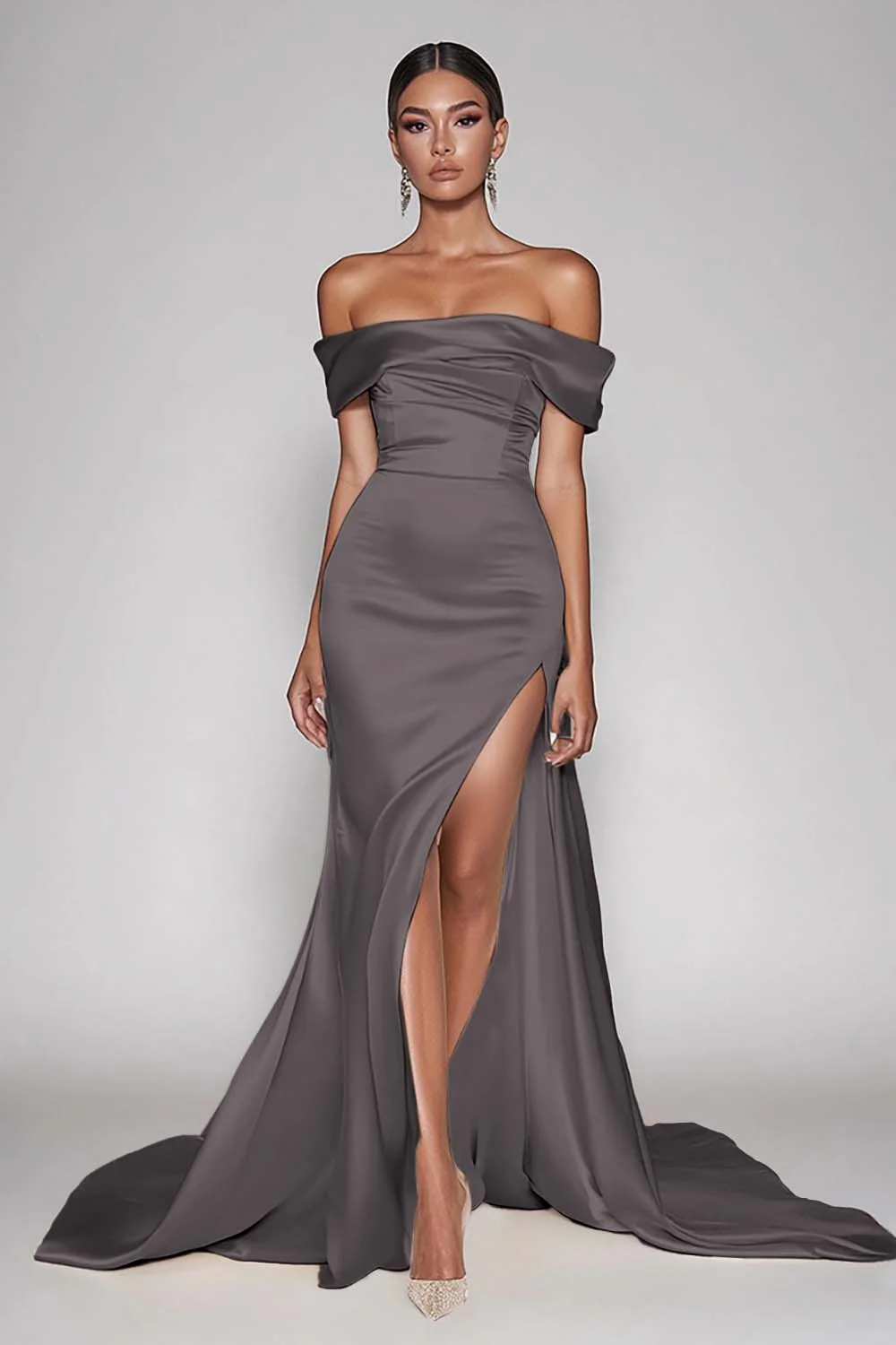 Champagne Off The Shoulder Satin Long Mermaid Formal Dress with Slit - Image 10