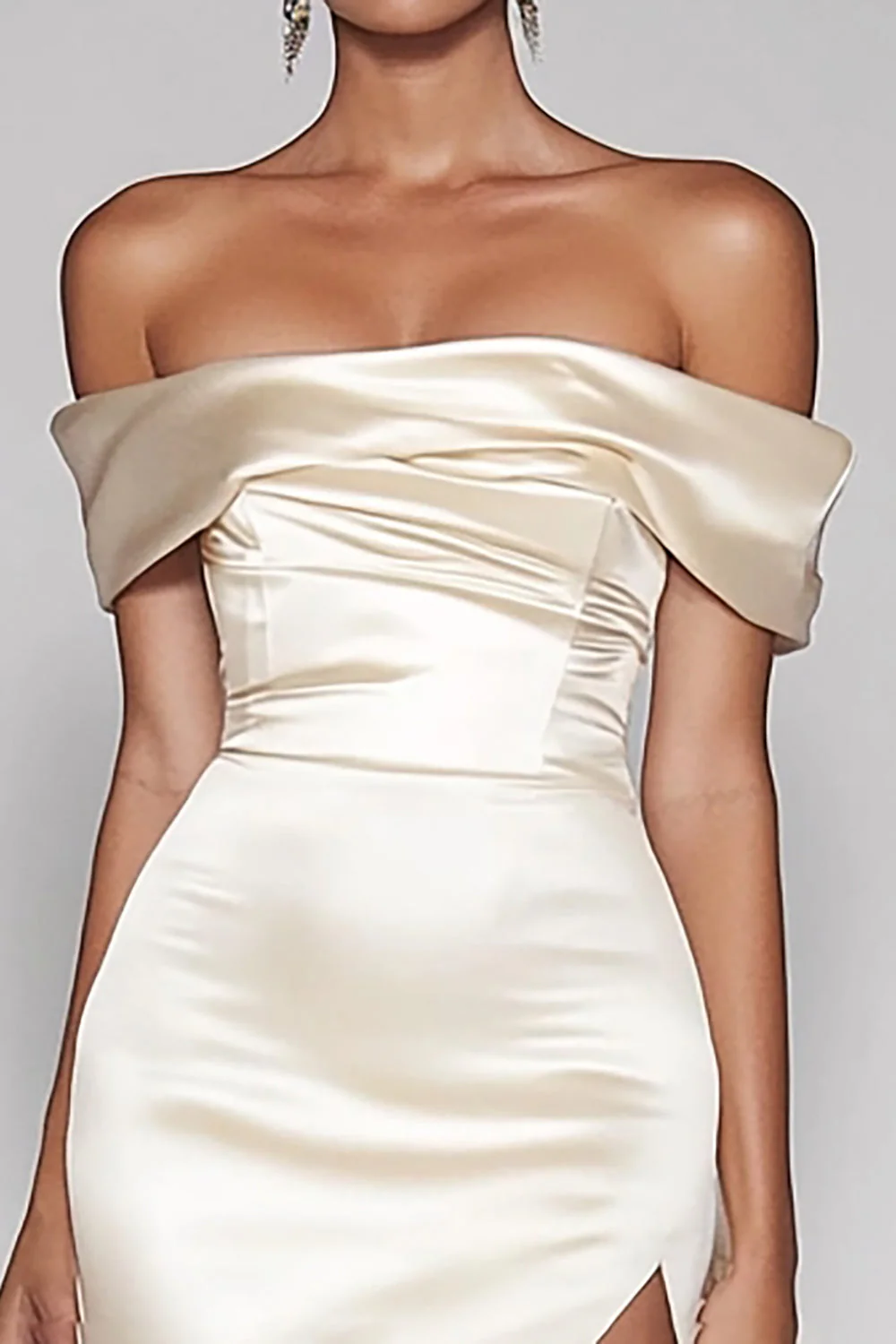 Champagne Off The Shoulder Satin Long Mermaid Formal Dress with Slit - Image 2