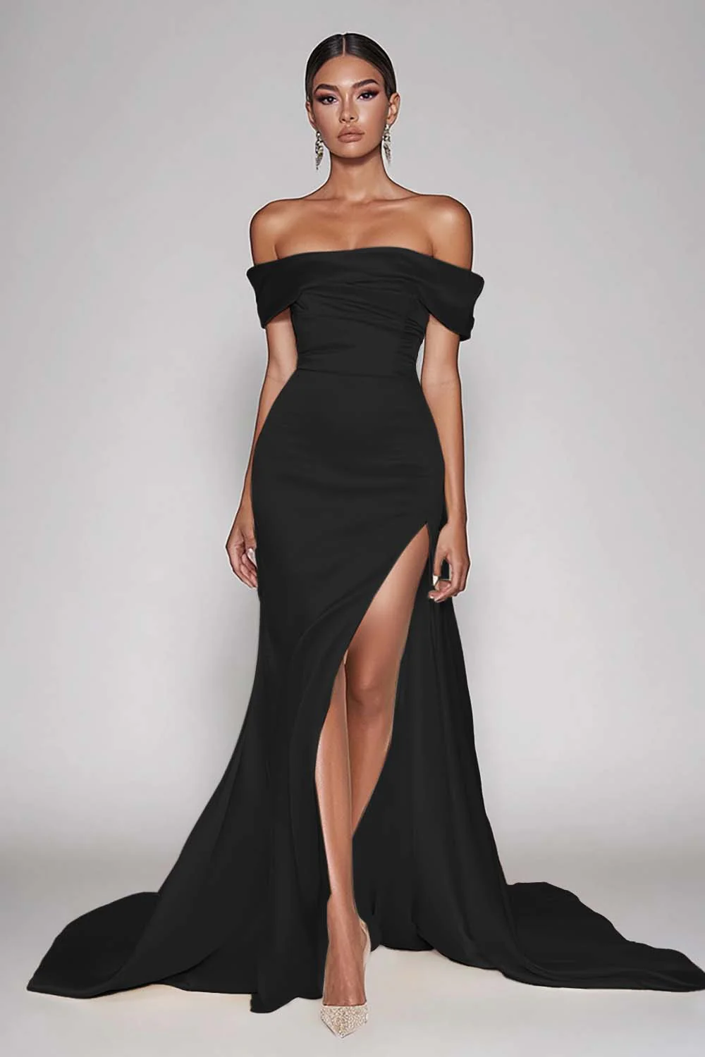 Champagne Off The Shoulder Satin Long Mermaid Formal Dress with Slit - Image 3
