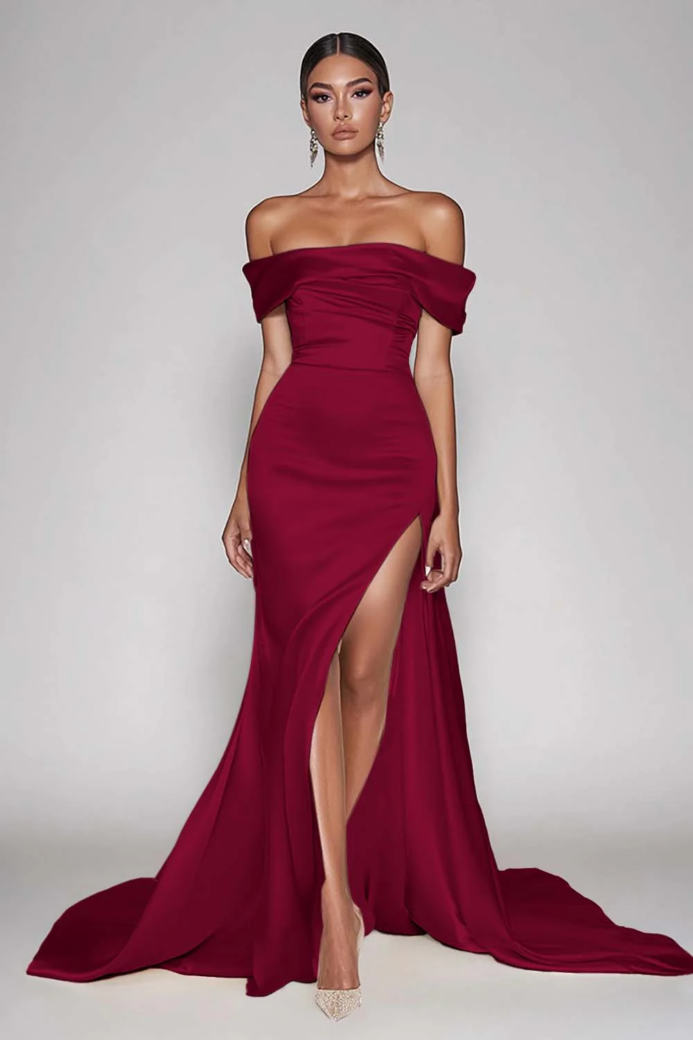Champagne Off The Shoulder Satin Long Mermaid Formal Dress with Slit - Image 4