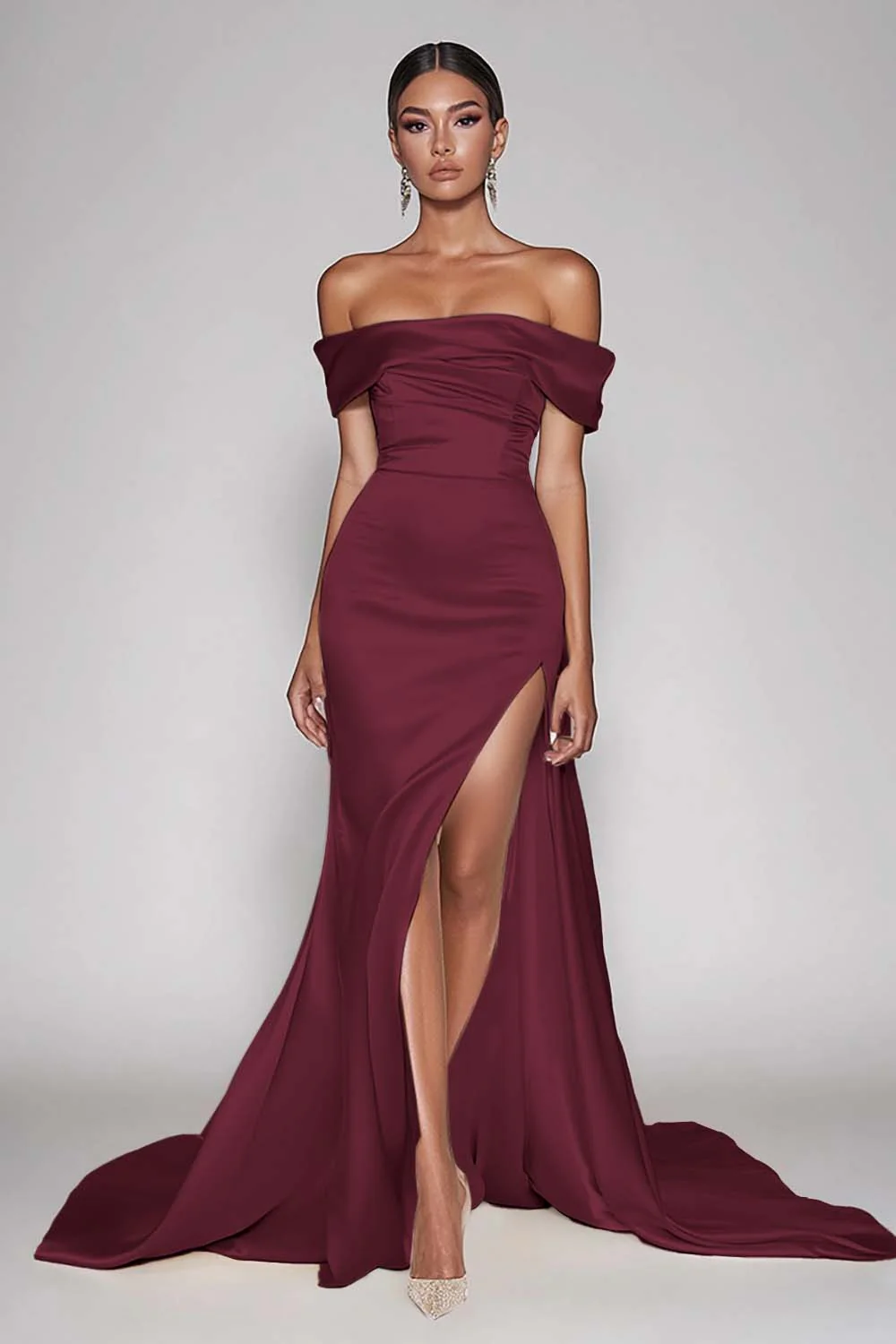 Champagne Off The Shoulder Satin Long Mermaid Formal Dress with Slit - Image 5