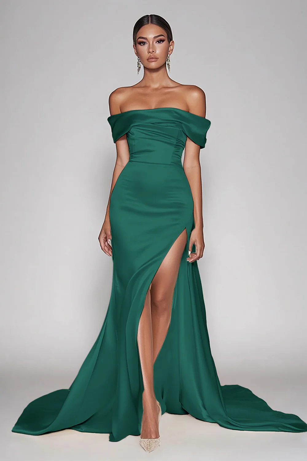 Champagne Off The Shoulder Satin Long Mermaid Formal Dress with Slit - Image 6