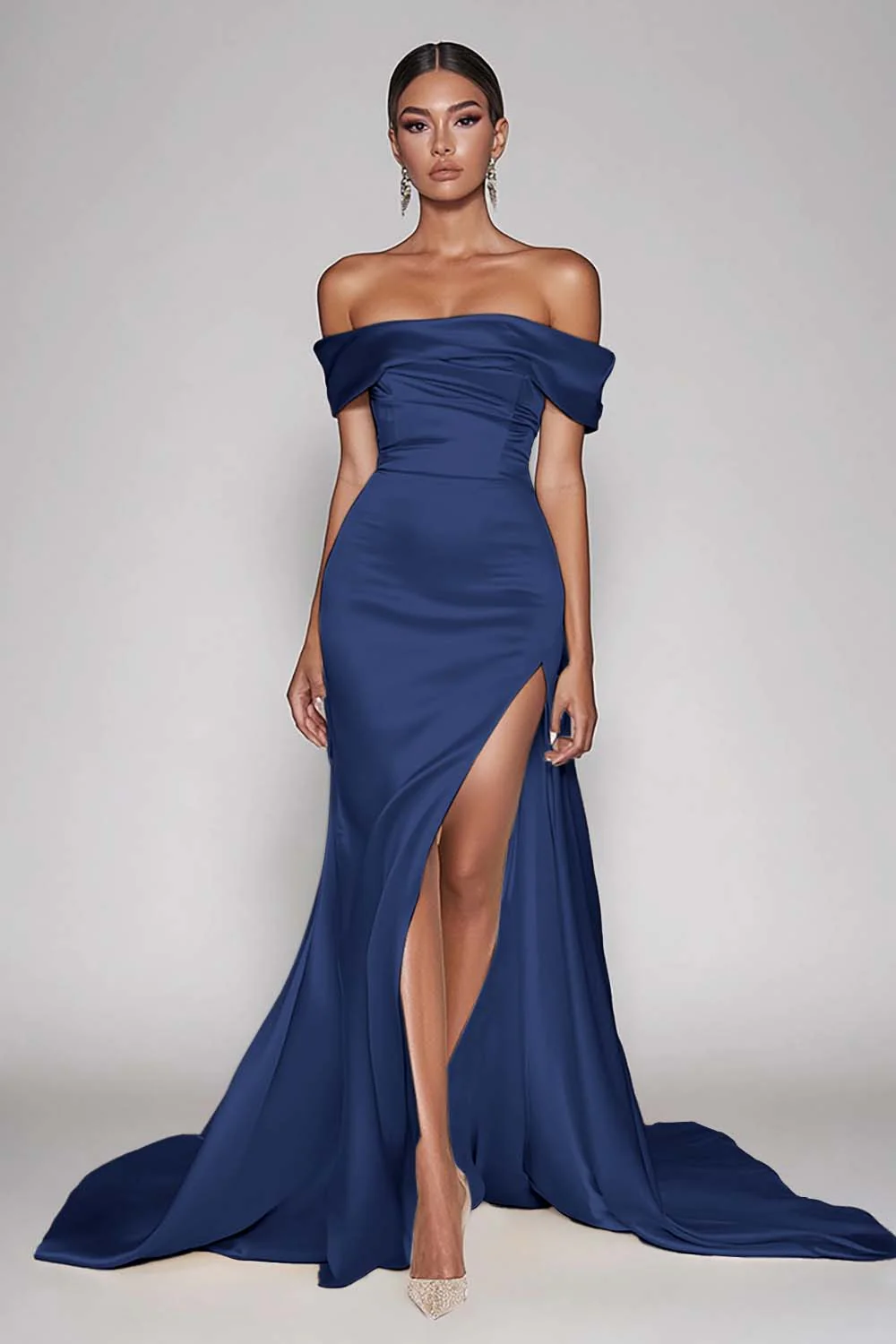 Champagne Off The Shoulder Satin Long Mermaid Formal Dress with Slit - Image 7