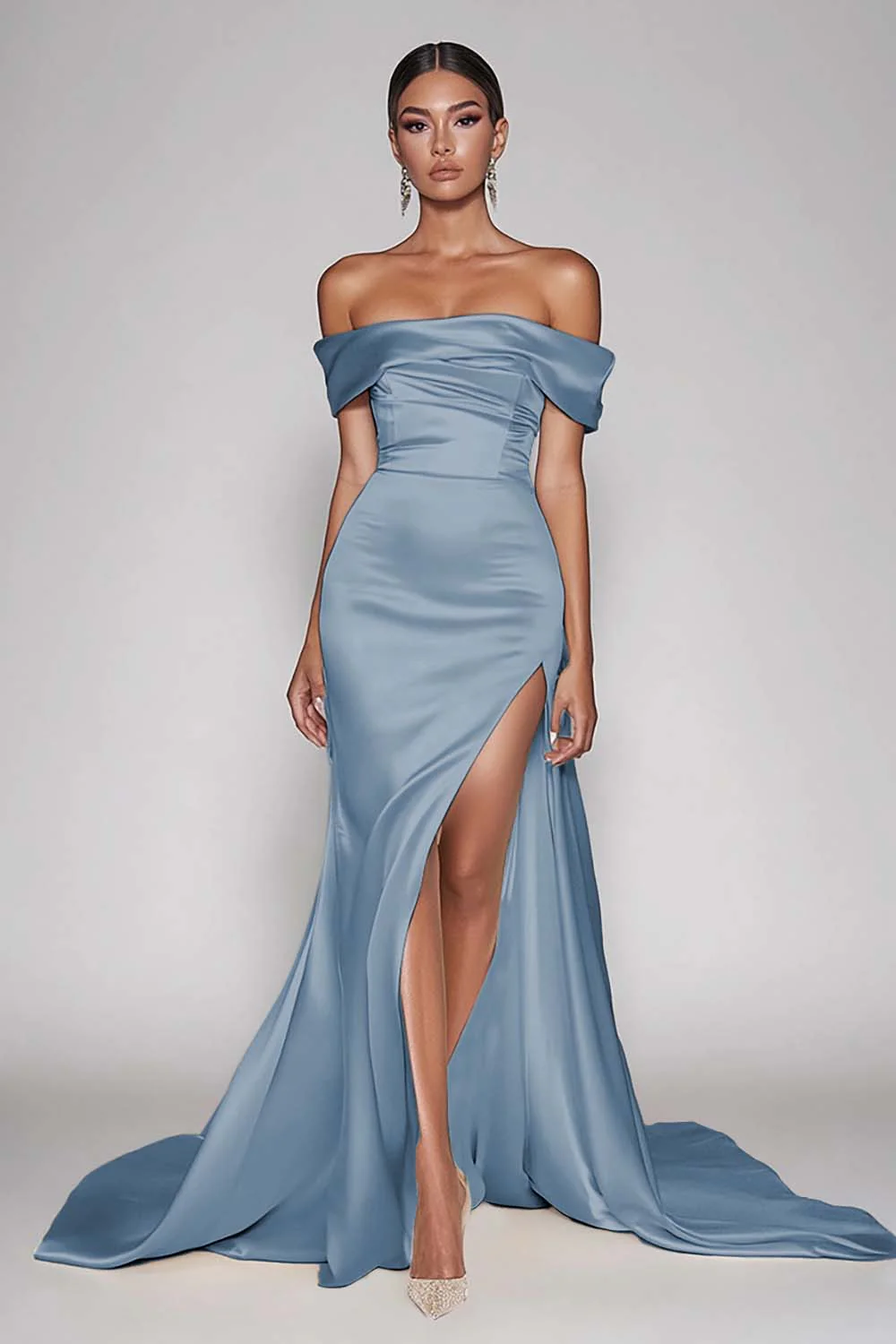 Champagne Off The Shoulder Satin Long Mermaid Formal Dress with Slit - Image 8