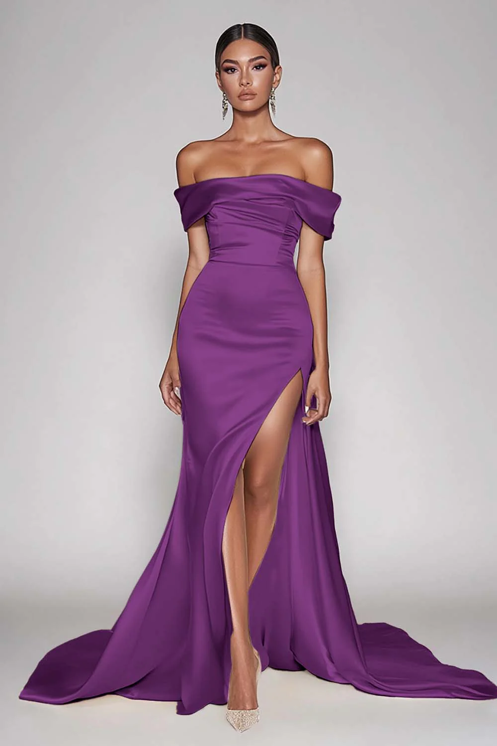 Champagne Off The Shoulder Satin Long Mermaid Formal Dress with Slit - Image 9