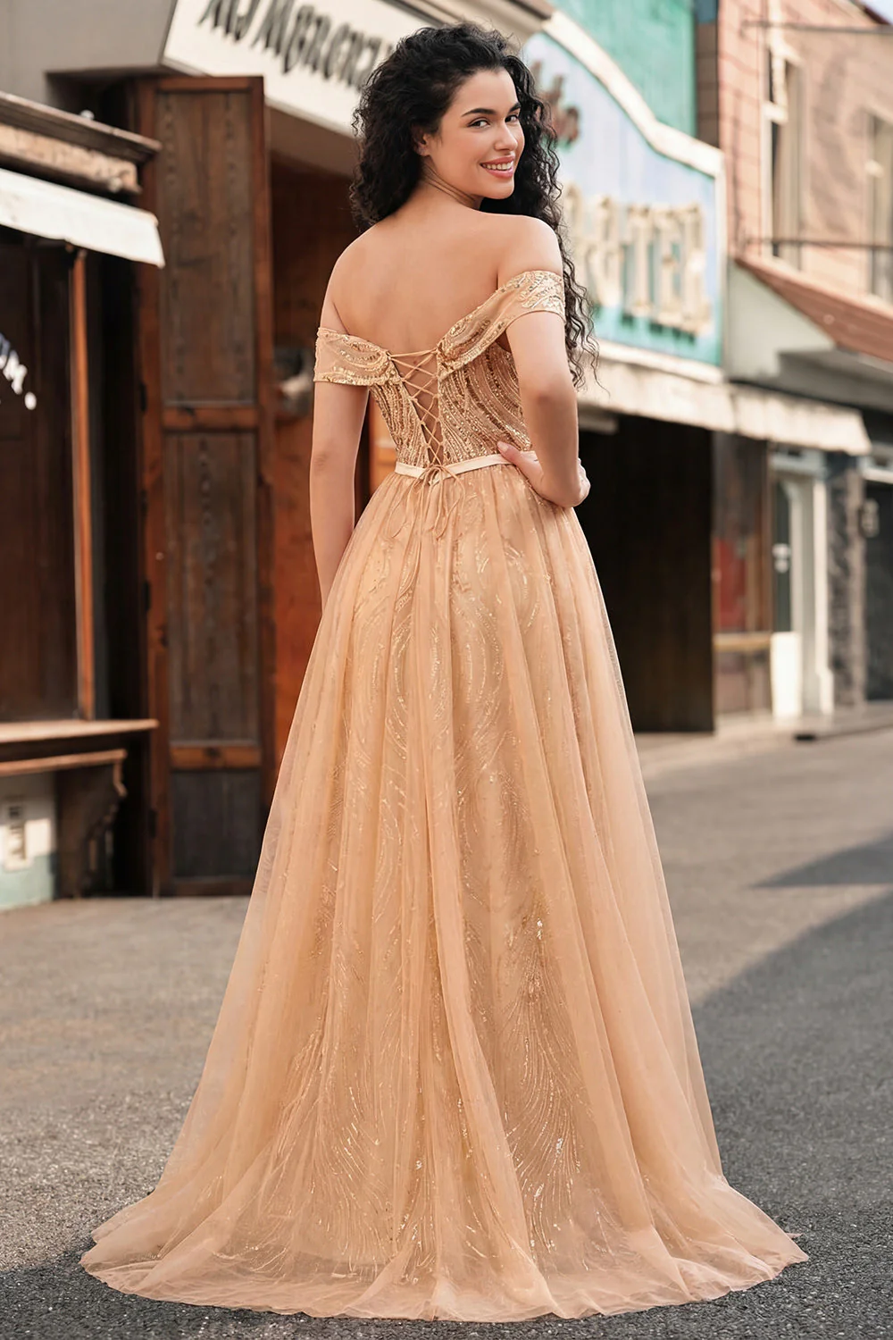 Champagne Off the Shoulder Sequin Mermaid Long Prom Dress - Image 2