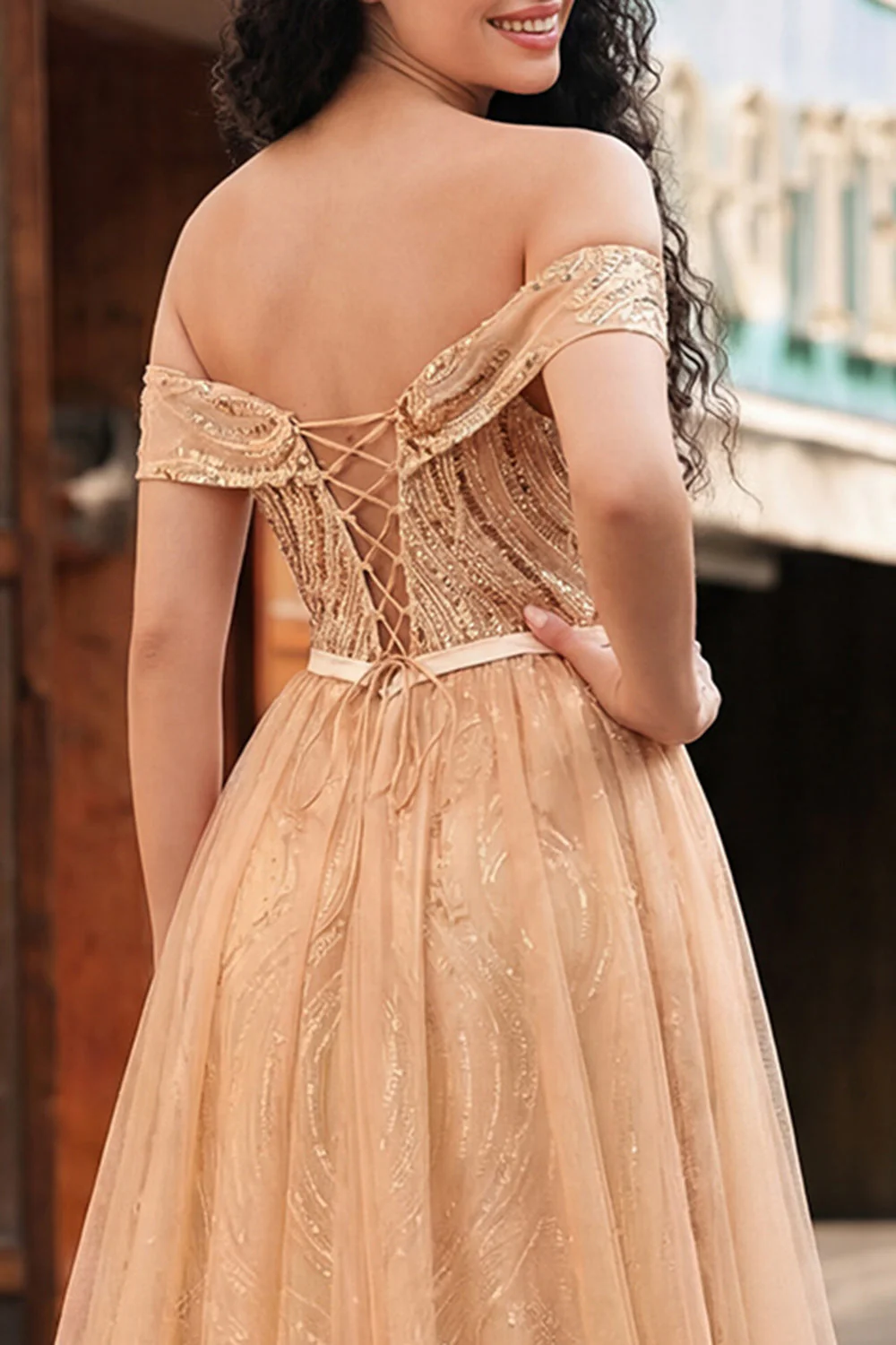 Champagne Off the Shoulder Sequin Mermaid Long Prom Dress - Image 4