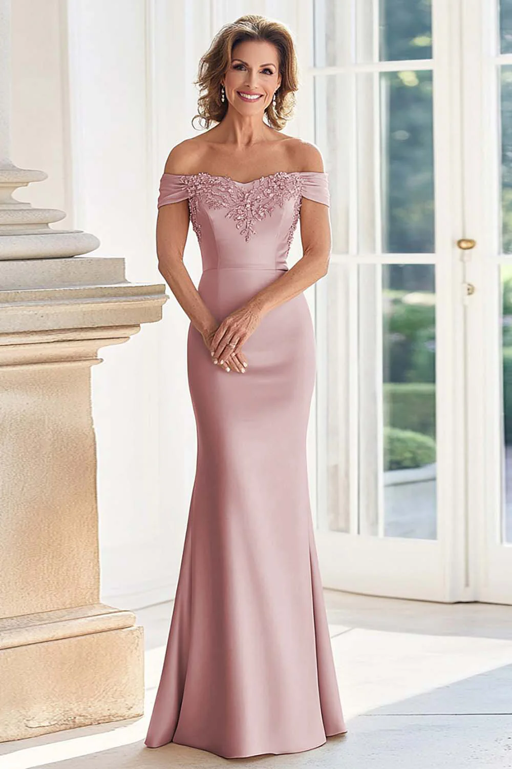 Champagne Off the Shoulder Sheath Mother of the Bride Dress with Appliques - Image 10