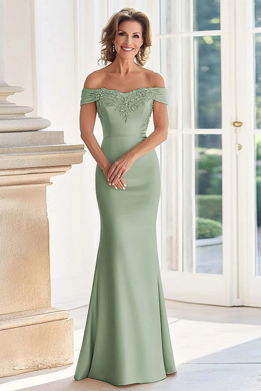 Champagne Off the Shoulder Sheath Mother of the Bride Dress with Appliques - Image 11