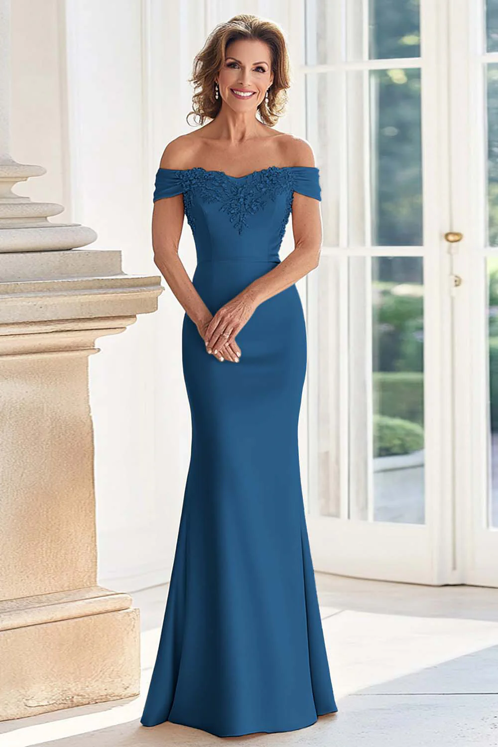 Champagne Off the Shoulder Sheath Mother of the Bride Dress with Appliques - Image 12