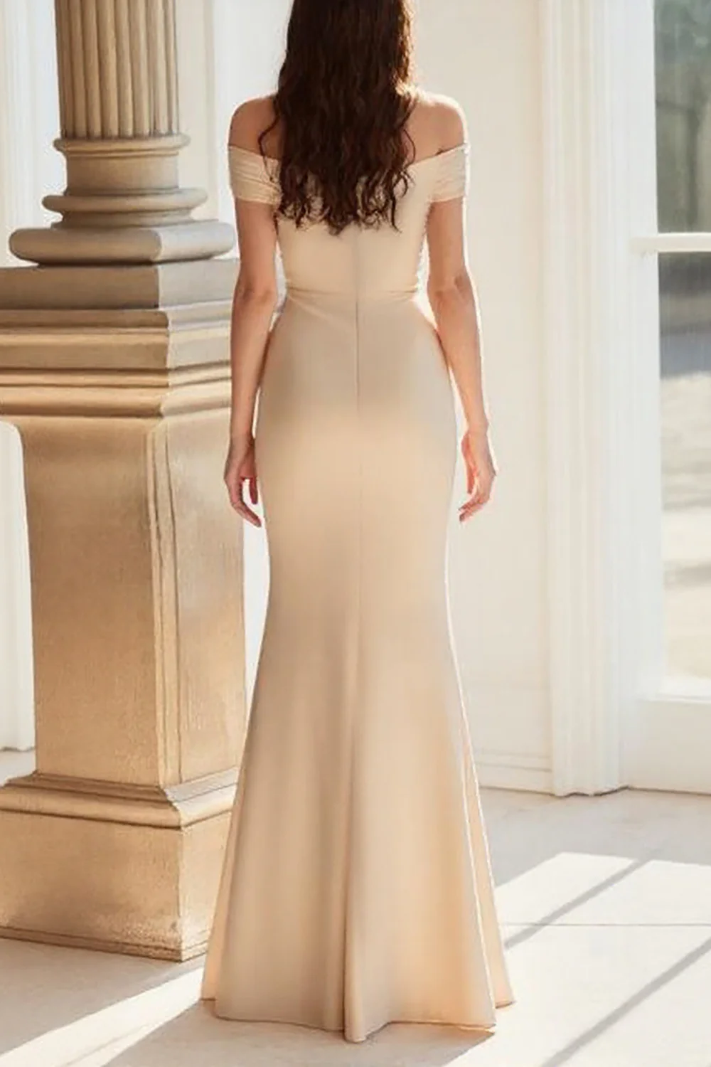 Champagne Off the Shoulder Sheath Mother of the Bride Dress with Appliques - Image 2