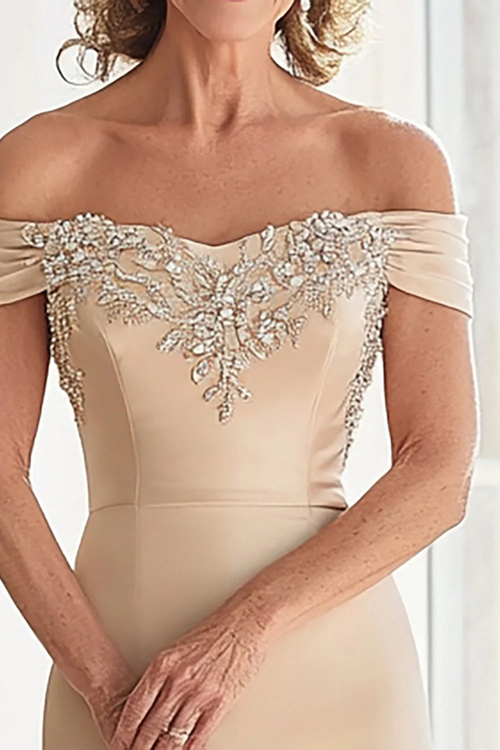 Champagne Off the Shoulder Sheath Mother of the Bride Dress with Appliques - Image 3