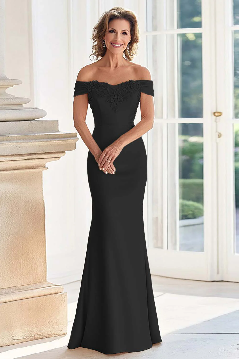 Champagne Off the Shoulder Sheath Mother of the Bride Dress with Appliques - Image 5