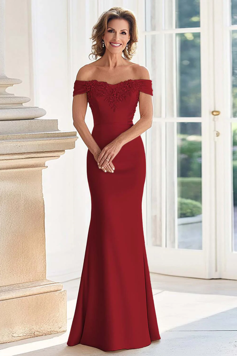 Champagne Off the Shoulder Sheath Mother of the Bride Dress with Appliques - Image 6