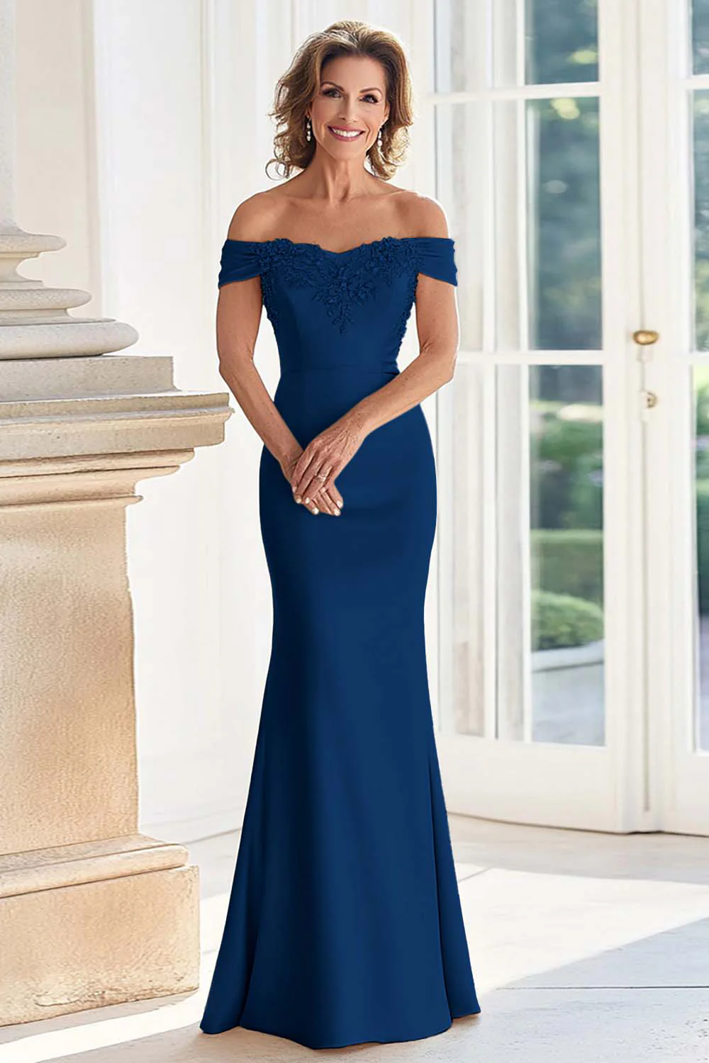 Champagne Off the Shoulder Sheath Mother of the Bride Dress with Appliques - Image 8