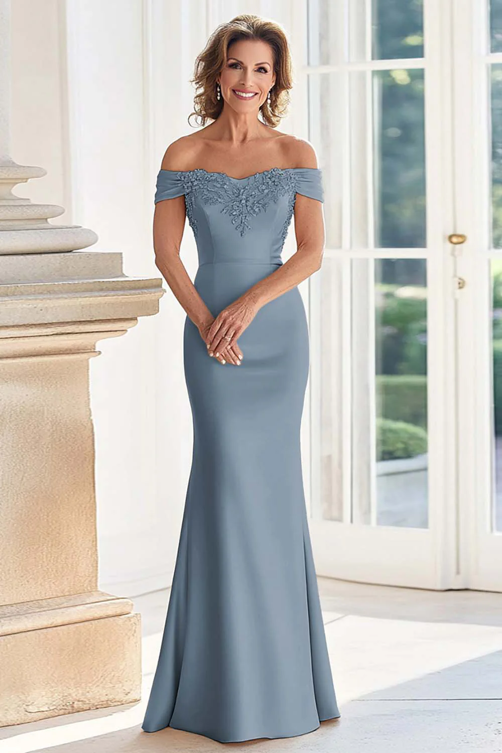 Champagne Off the Shoulder Sheath Mother of the Bride Dress with Appliques - Image 9