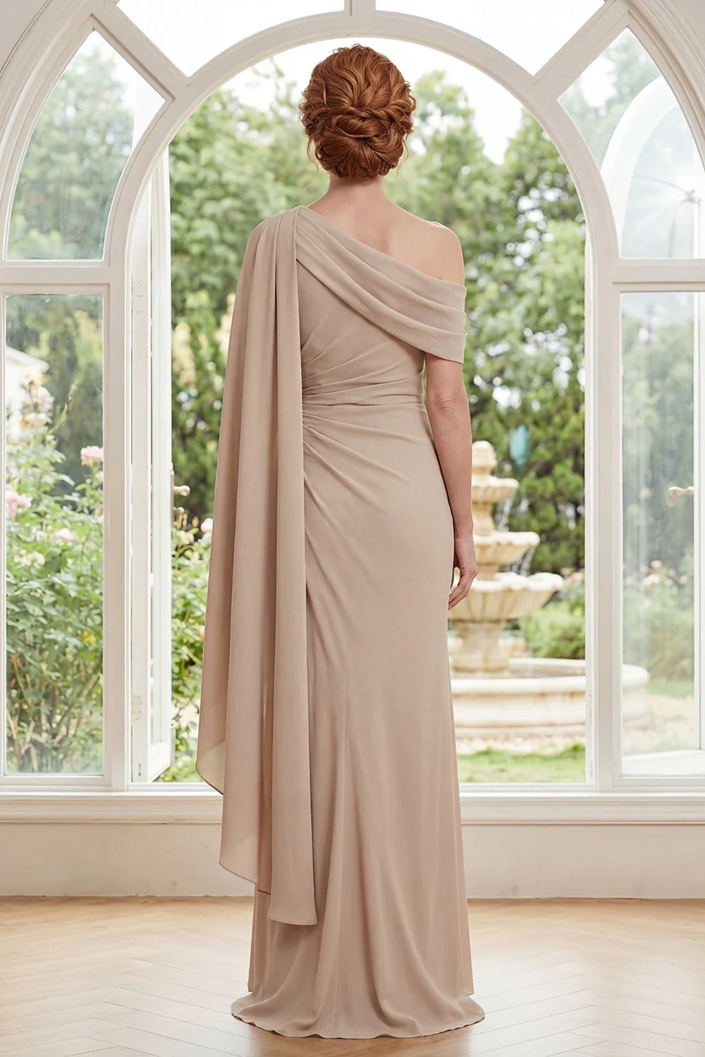 Champagne Chiffon Sheath Ruched Long Mother Of the Bride Dress with Side Cape - Image 2