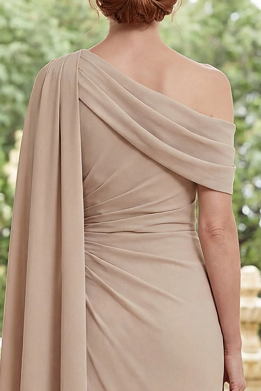 Champagne Chiffon Sheath Ruched Long Mother Of the Bride Dress with Side Cape - Image 4