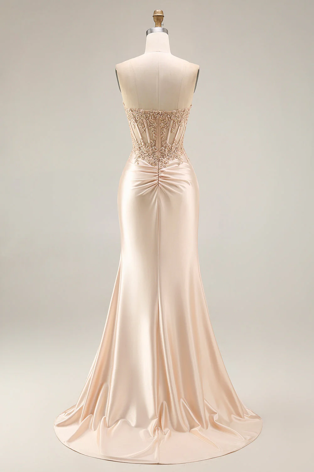 Champagne Corset Mermaid Ruched Long Prom Dress with Slit - Image 2