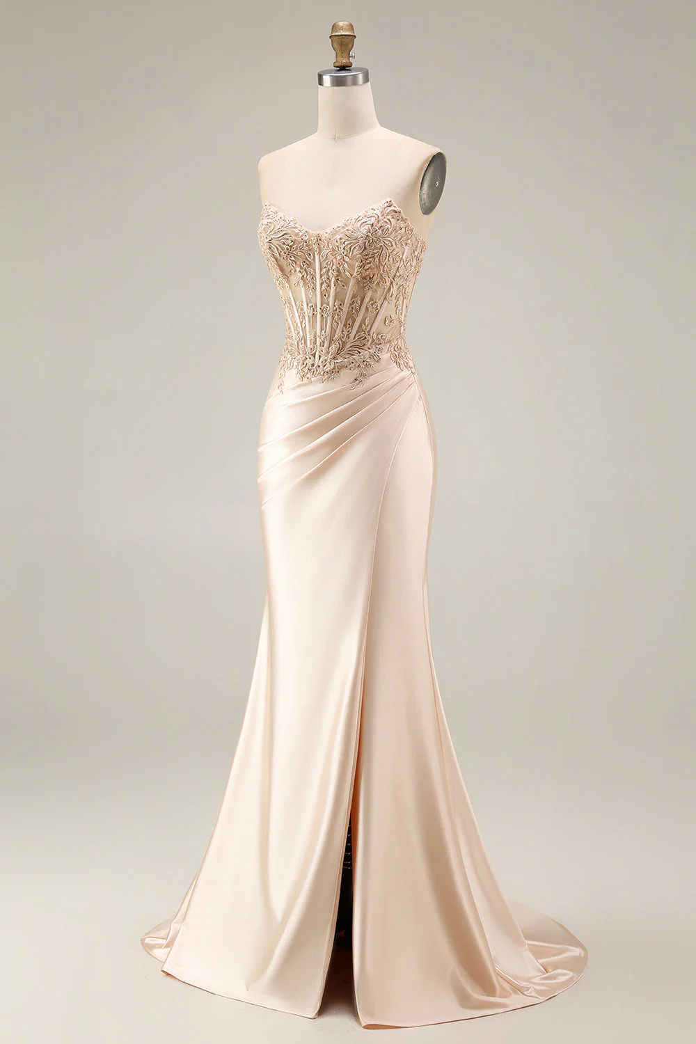Champagne Corset Mermaid Ruched Long Prom Dress with Slit - Image 3