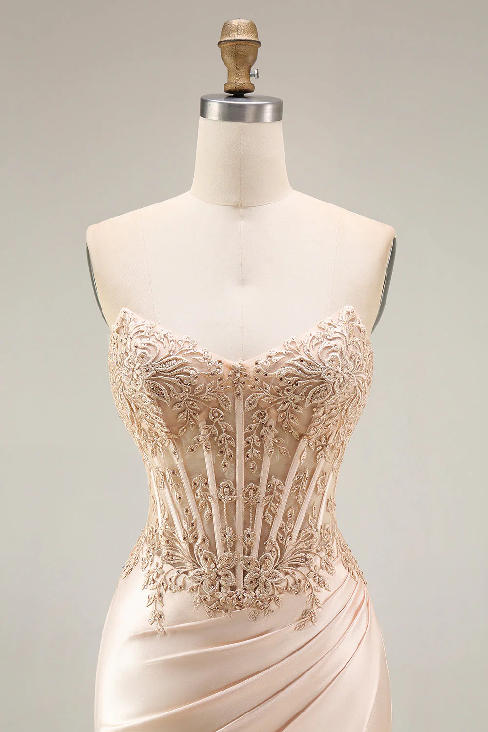 Champagne Corset Mermaid Ruched Long Prom Dress with Slit - Image 4