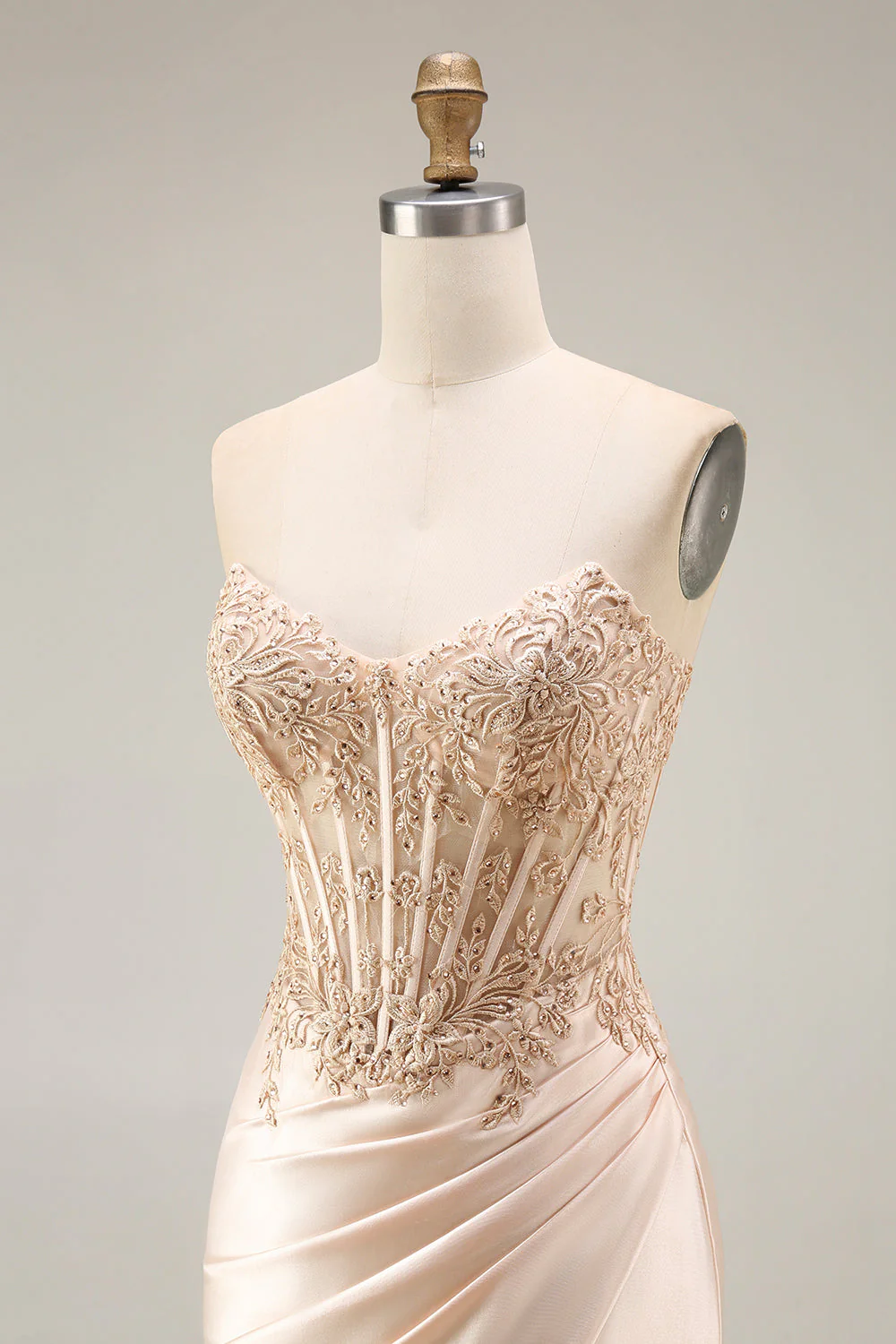 Champagne Corset Mermaid Ruched Long Prom Dress with Slit - Image 6