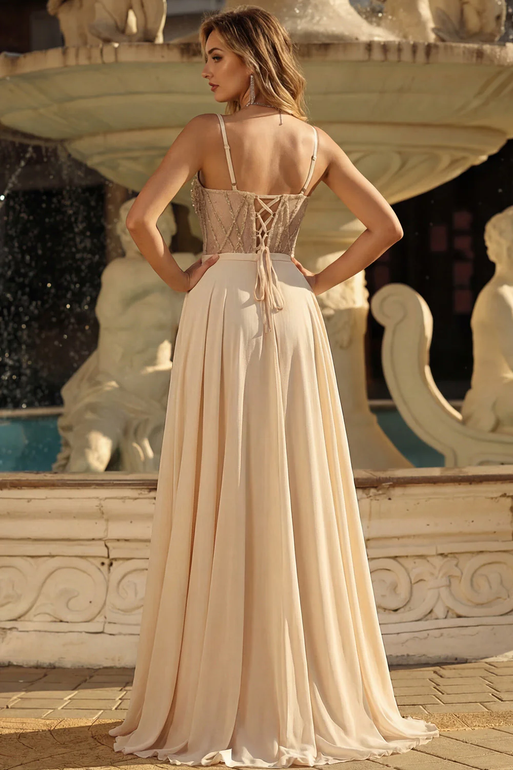 Champagne A Line Sheer Corset Sequin Long Prom Dress with Slit - Image 2