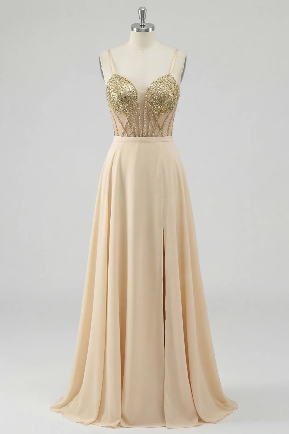 Champagne A Line Sheer Corset Sequin Long Prom Dress with Slit - Image 5