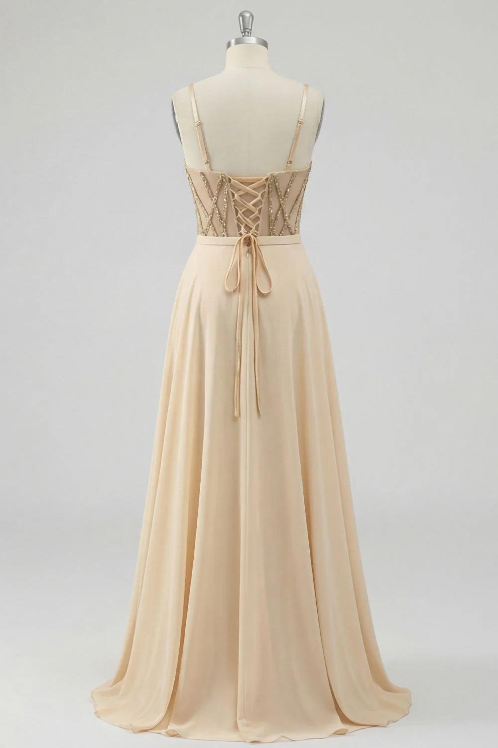 Champagne A Line Sheer Corset Sequin Long Prom Dress with Slit - Image 6