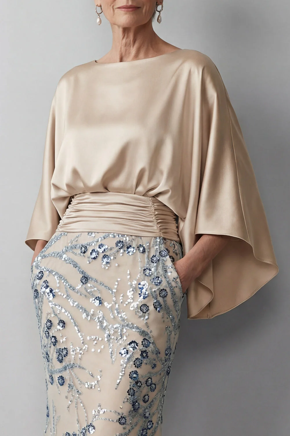 Champagne Sequin Long Sleeves Mermaid Mother of the Bride Dress - Image 3