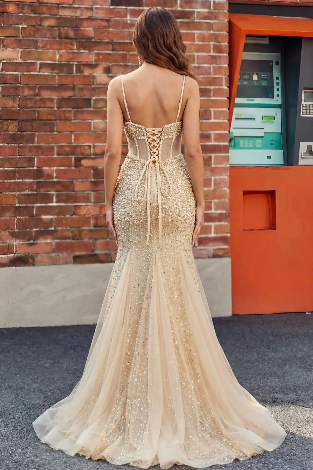 Champagne Sequin Mermaid Sheer Corset Long Prom Dress - Image 2