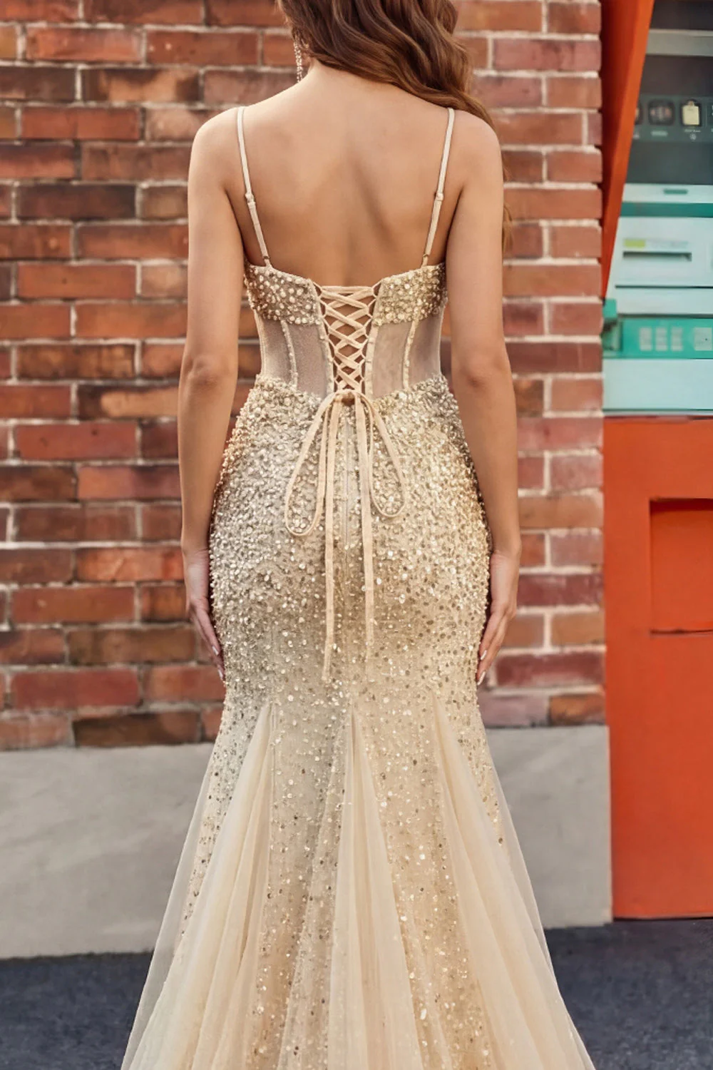 Champagne Sequin Mermaid Sheer Corset Long Prom Dress - Image 4