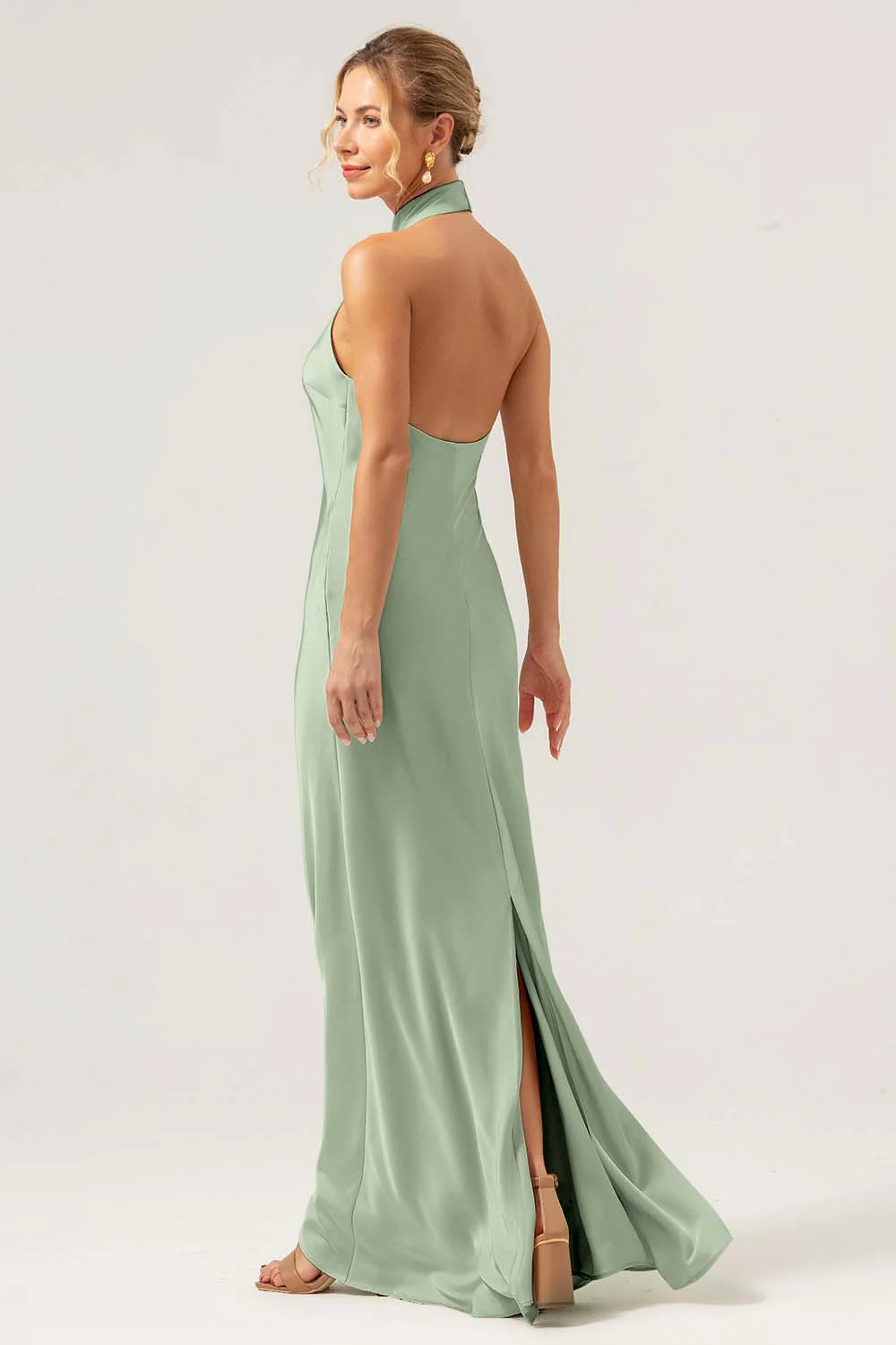 Champagne Sheath Halter Long Bridesmaid Dress With Slit - Image 16