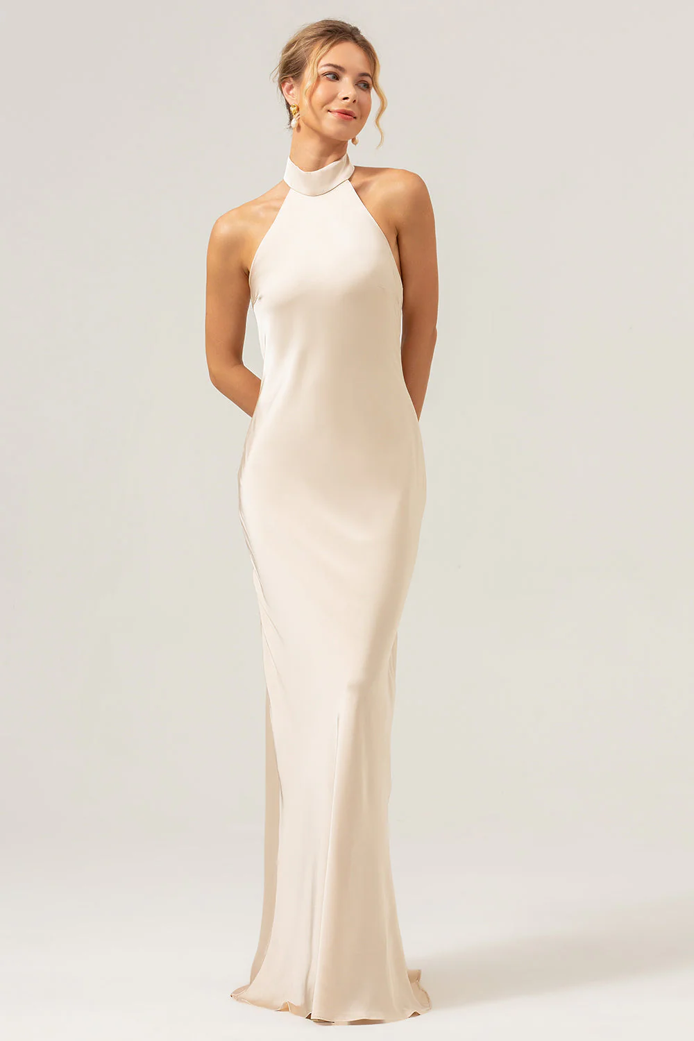 Champagne Sheath Halter Long Bridesmaid Dress With Slit - Image 5