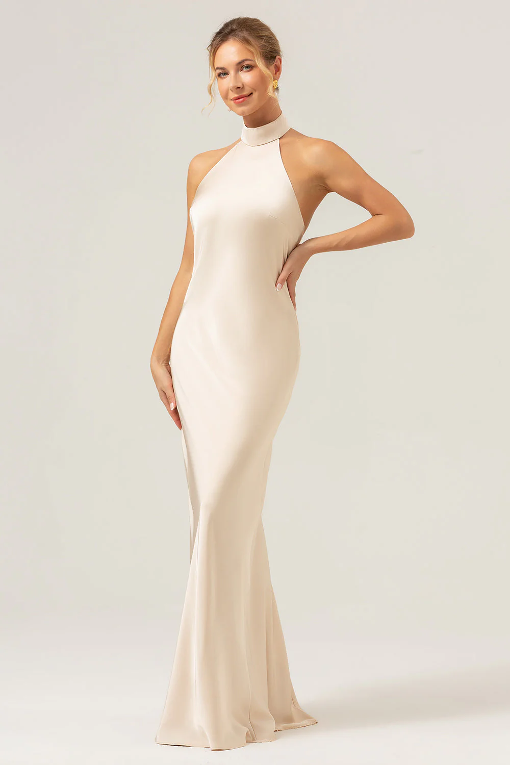Champagne Sheath Halter Long Bridesmaid Dress With Slit - Image 6
