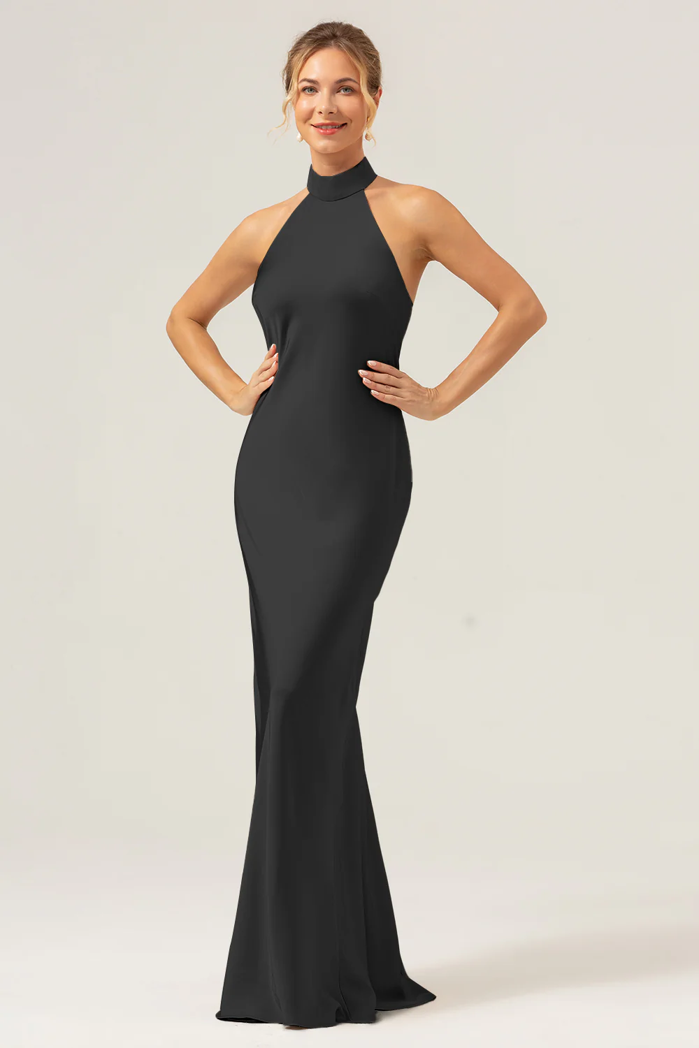 Champagne Sheath Halter Long Bridesmaid Dress With Slit - Image 9