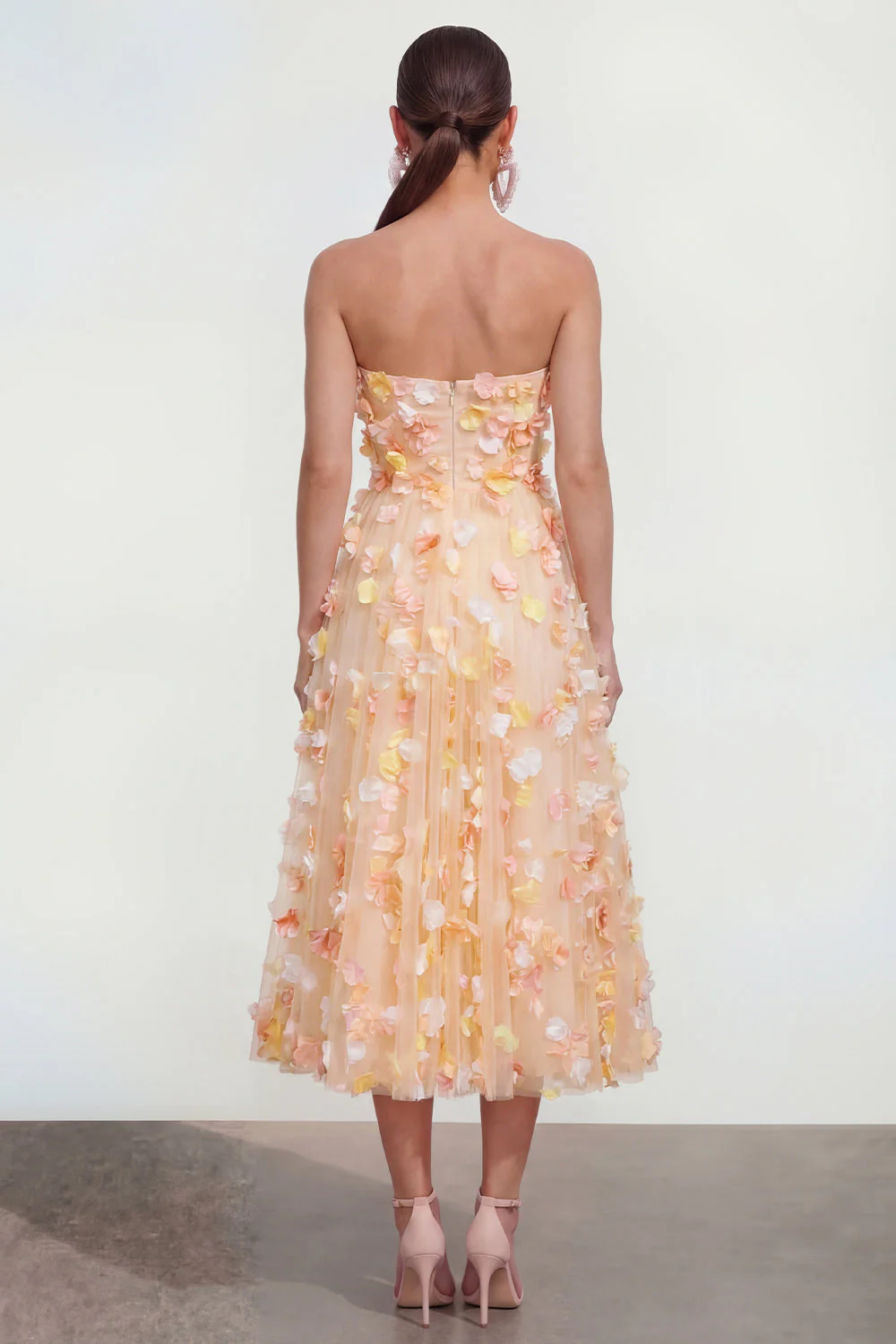 Champagne Strapless A Line Midi Dress with 3D Flowers - Image 2