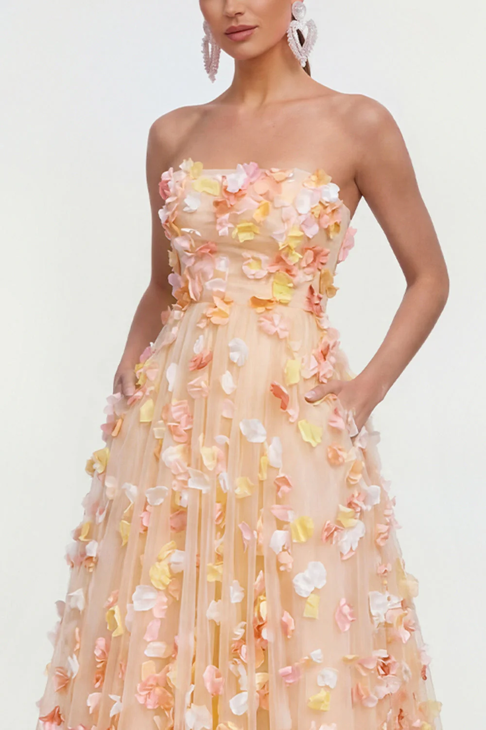 Champagne Strapless A Line Midi Dress with 3D Flowers - Image 3