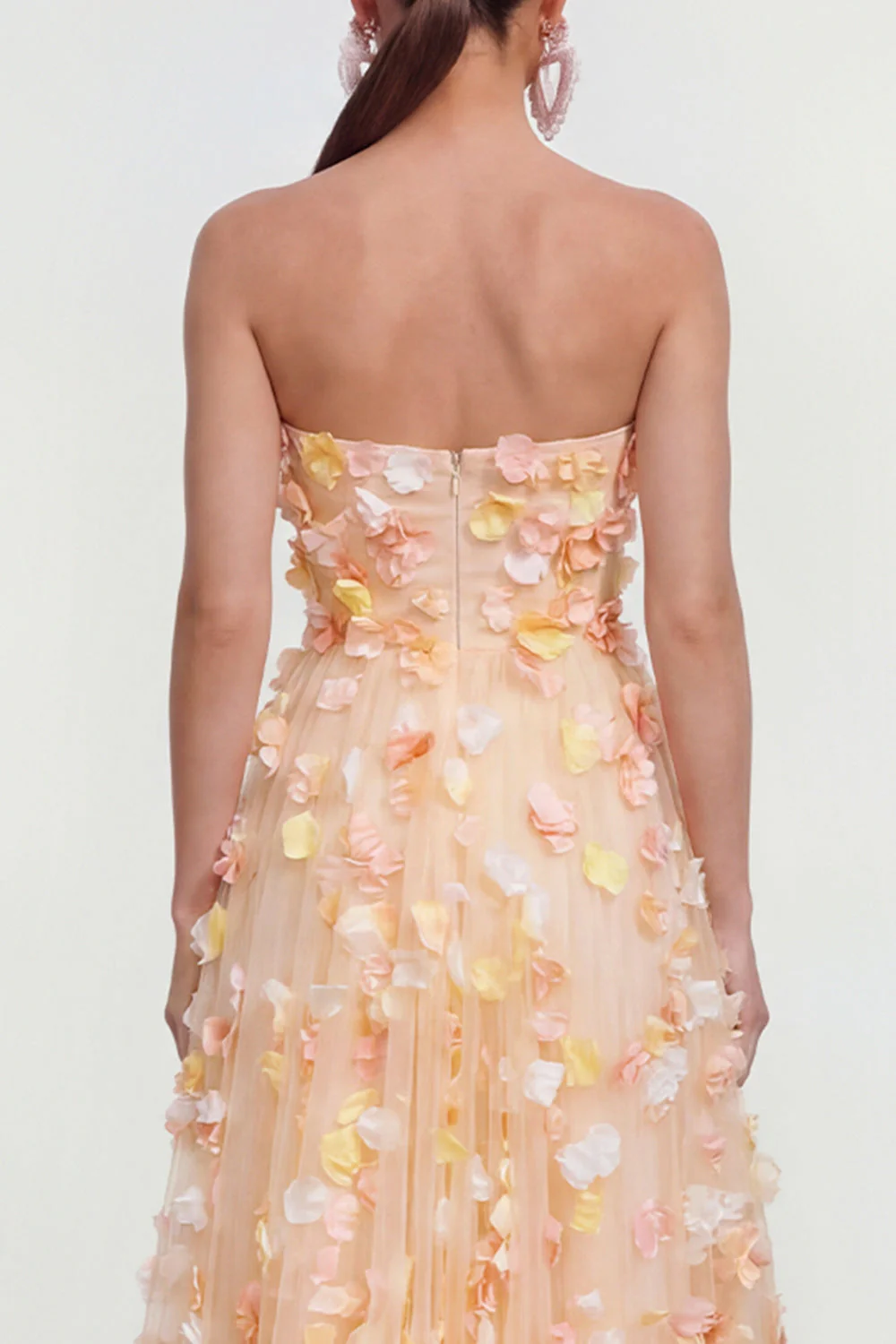 Champagne Strapless A Line Midi Dress with 3D Flowers - Image 4
